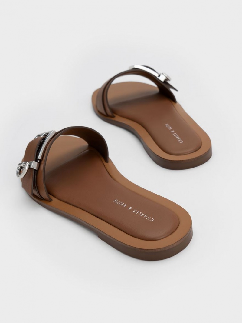 Charles And Keith Metallic Buckle Slides Brown | PHILIPPINES Z856