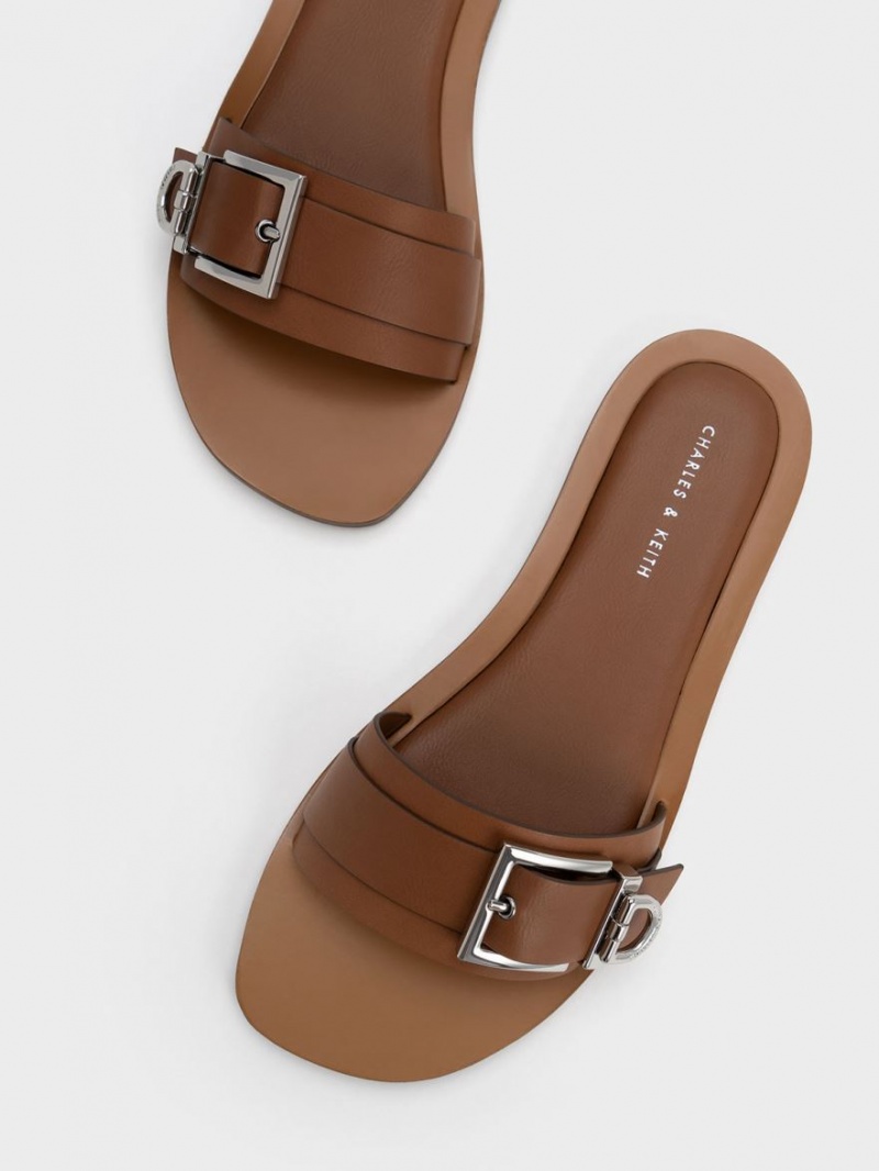 Charles And Keith Metallic Buckle Slides Brown | PHILIPPINES Z856