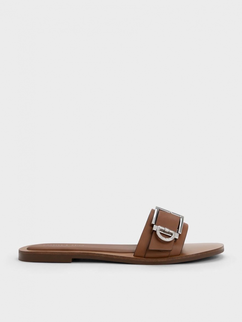 Charles And Keith Metallic Buckle Slides Brown | PHILIPPINES Z856