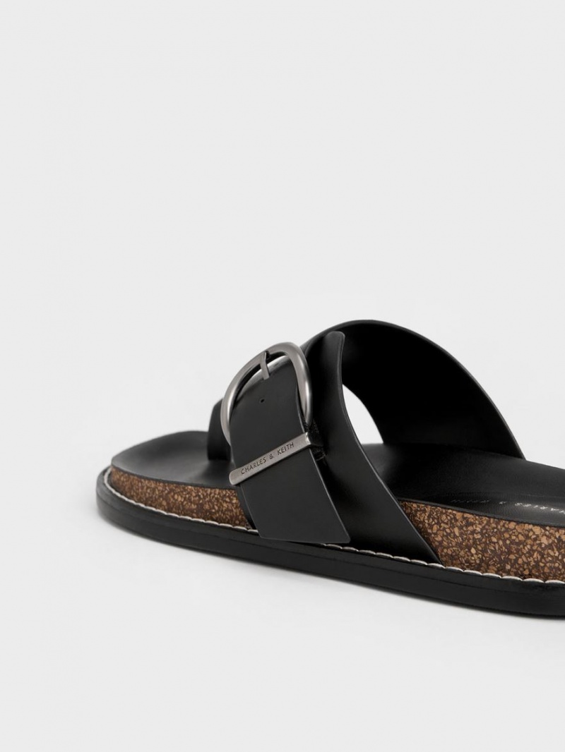 Charles And Keith Metallic Buckle Toe-Ring Flat Sandals Black | PHILIPPINES C709