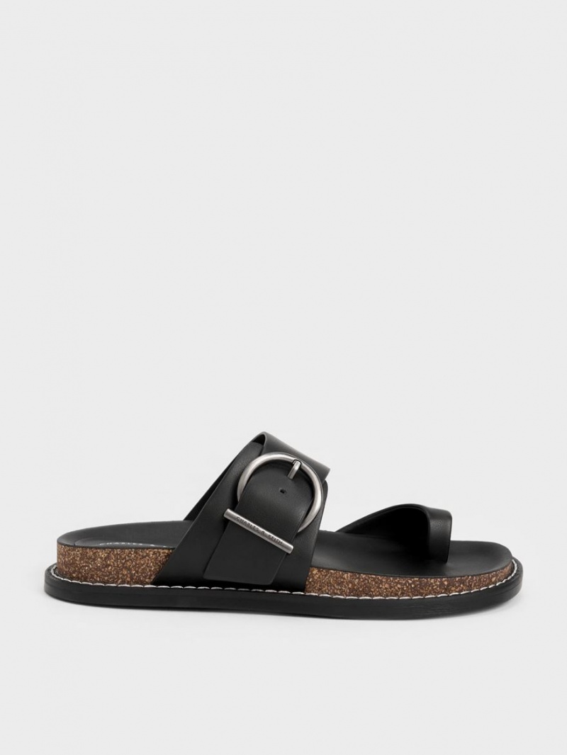 Charles And Keith Metallic Buckle Toe-Ring Flat Sandals Black | PHILIPPINES C709