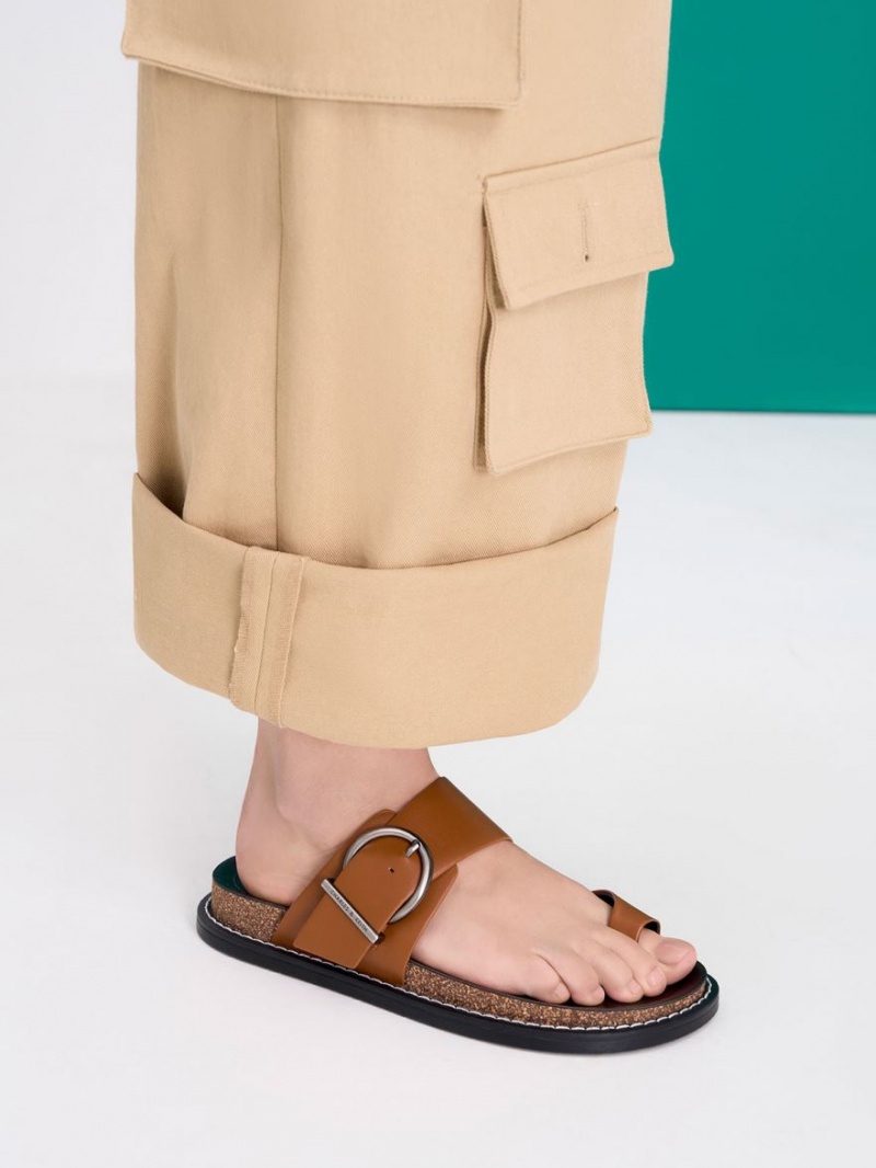 Charles And Keith Metallic Buckle Toe-Ring Flat Sandals Brown | PHILIPPINES E438