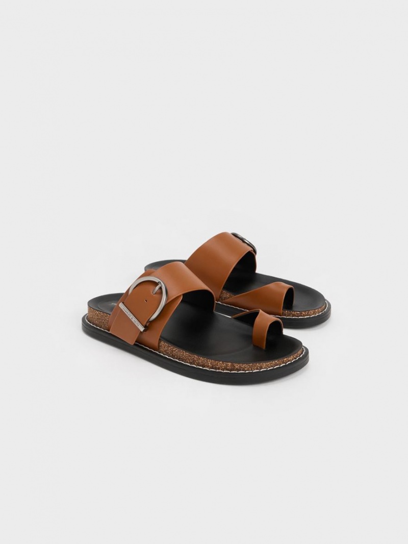 Charles And Keith Metallic Buckle Toe-Ring Flat Sandals Brown | PHILIPPINES E438