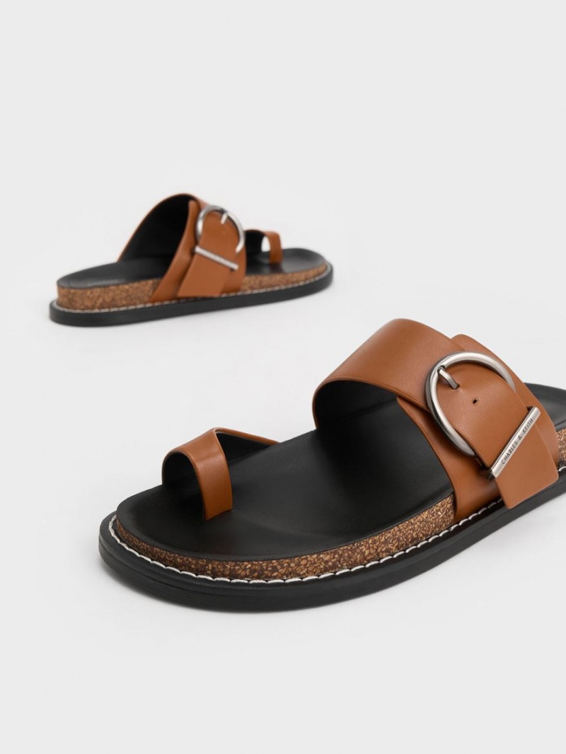 Charles And Keith Metallic Buckle Toe-Ring Flat Sandals Brown | PHILIPPINES E438