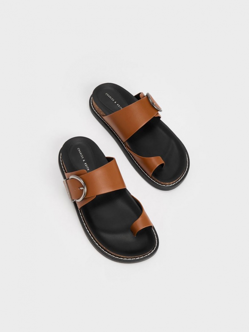 Charles And Keith Metallic Buckle Toe-Ring Flat Sandals Brown | PHILIPPINES E438