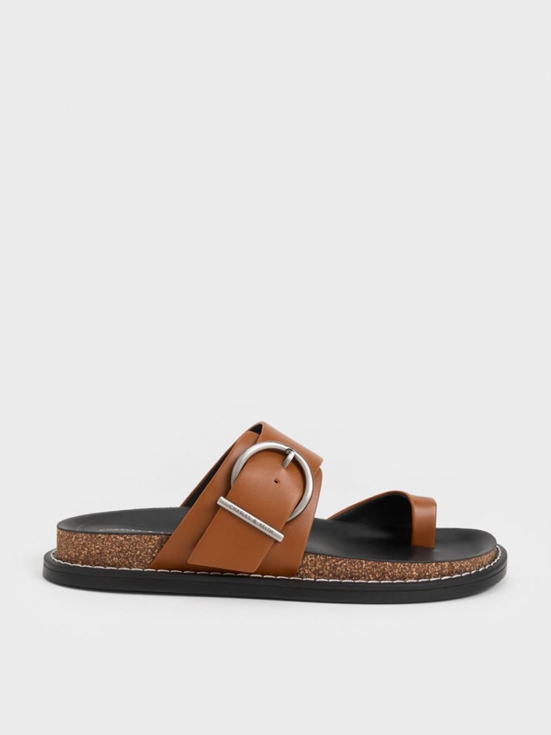 Charles And Keith Metallic Buckle Toe-Ring Flat Sandals Brown | PHILIPPINES E438