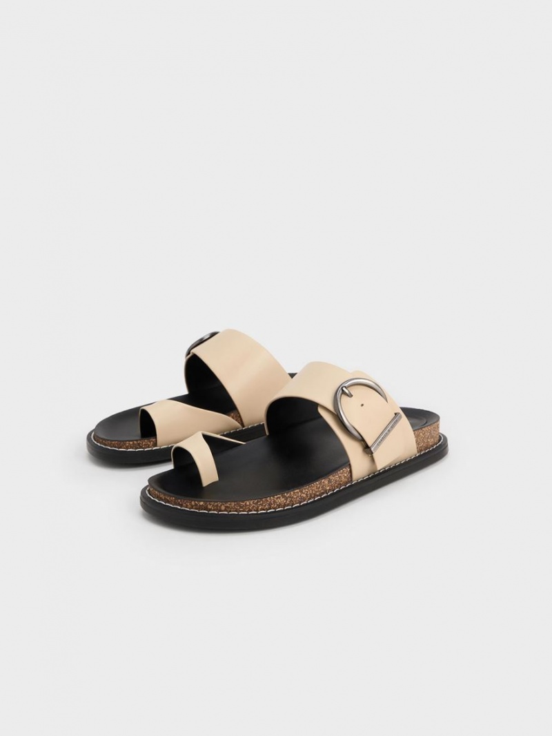 Charles And Keith Metallic Buckle Toe-Ring Flat Sandals Beige | PHILIPPINES Z064