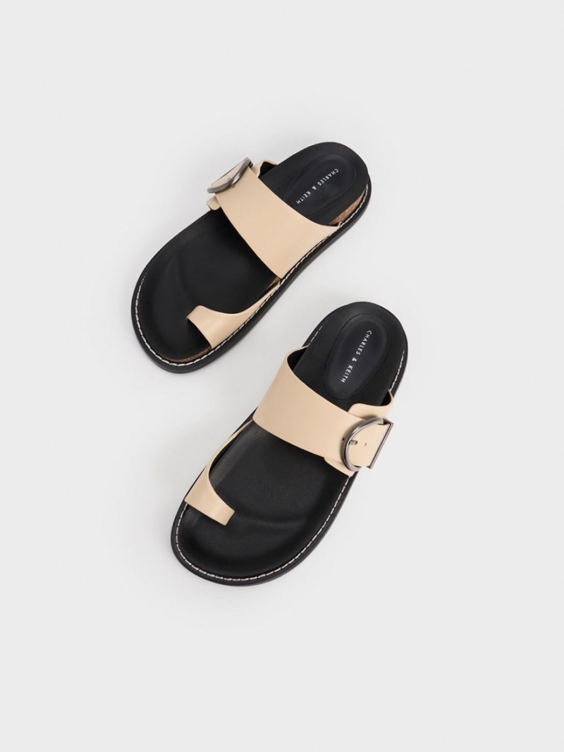 Charles And Keith Metallic Buckle Toe-Ring Flat Sandals Beige | PHILIPPINES Z064