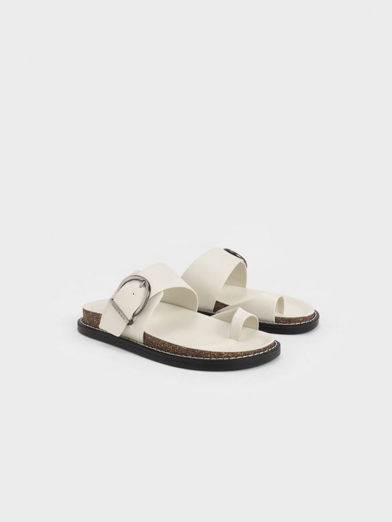 Charles And Keith Metallic Buckle Toe-Ring Flat Sandals White | PHILIPPINES W345