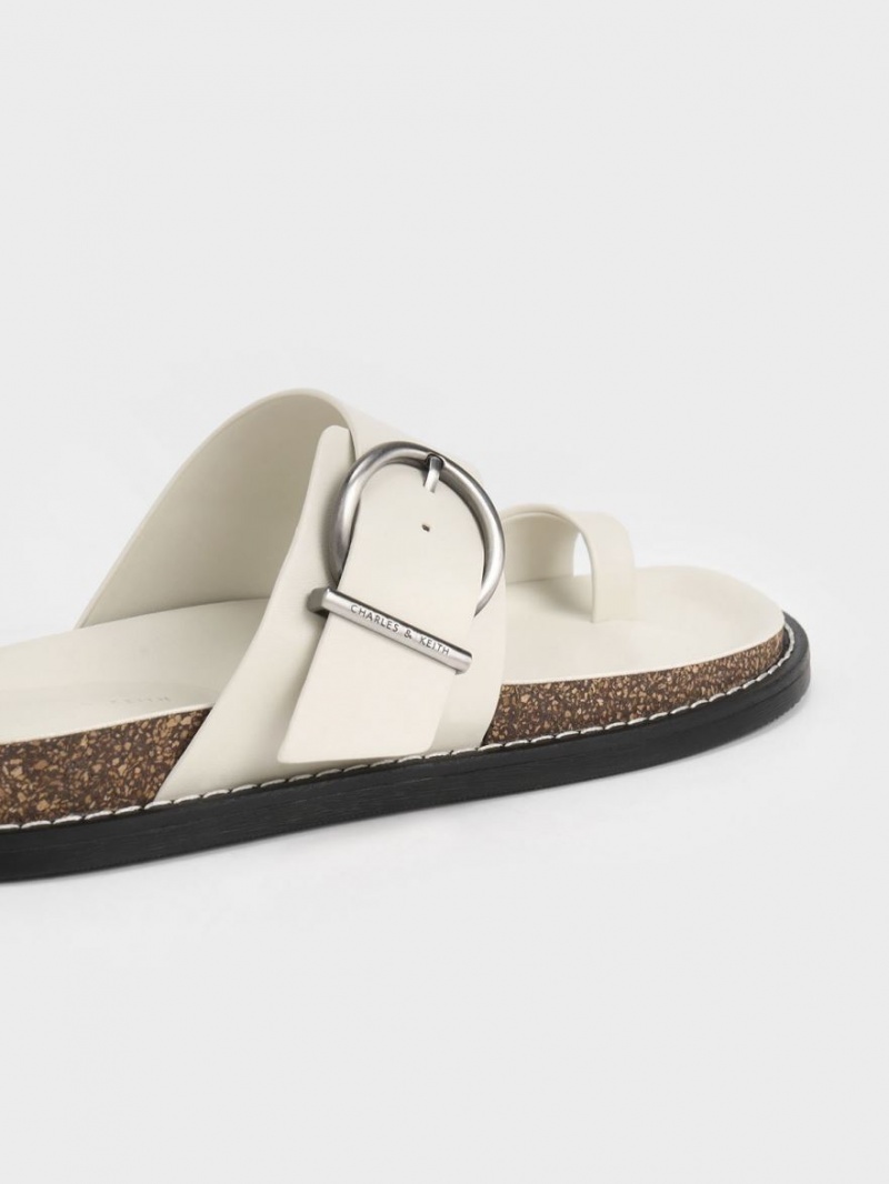 Charles And Keith Metallic Buckle Toe-Ring Flat Sandals White | PHILIPPINES W345