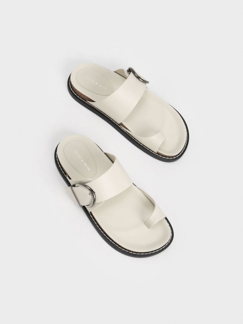 Charles And Keith Metallic Buckle Toe-Ring Flat Sandals White | PHILIPPINES W345