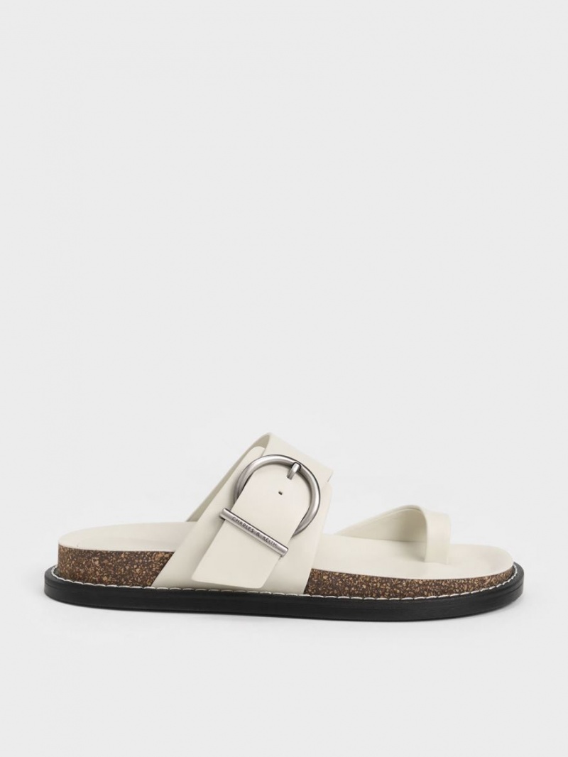 Charles And Keith Metallic Buckle Toe-Ring Flat Sandals White | PHILIPPINES W345