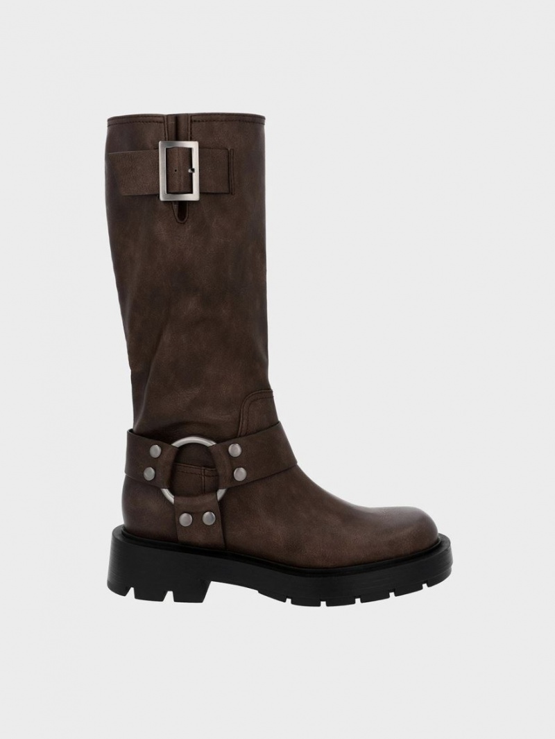 Charles And Keith Metallic Buckled Knee-high Boots Dark Brown | PHILIPPINES B691