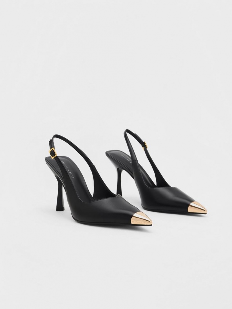 Charles And Keith Metallic Cap Pointed-Toe Slingback Pumps Black | PHILIPPINES W571