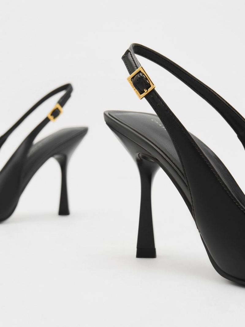 Charles And Keith Metallic Cap Pointed-Toe Slingback Pumps Black | PHILIPPINES W571