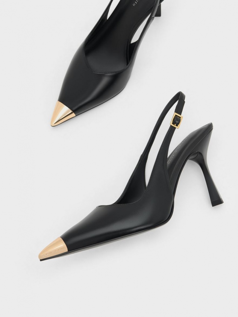 Charles And Keith Metallic Cap Pointed-Toe Slingback Pumps Black | PHILIPPINES W571