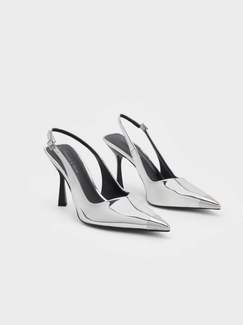 Charles And Keith Metallic Cap Pointed-Toe Slingback Pumps Silver | PHILIPPINES A273