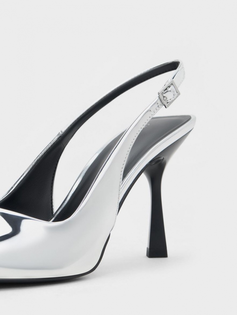 Charles And Keith Metallic Cap Pointed-Toe Slingback Pumps Silver | PHILIPPINES A273