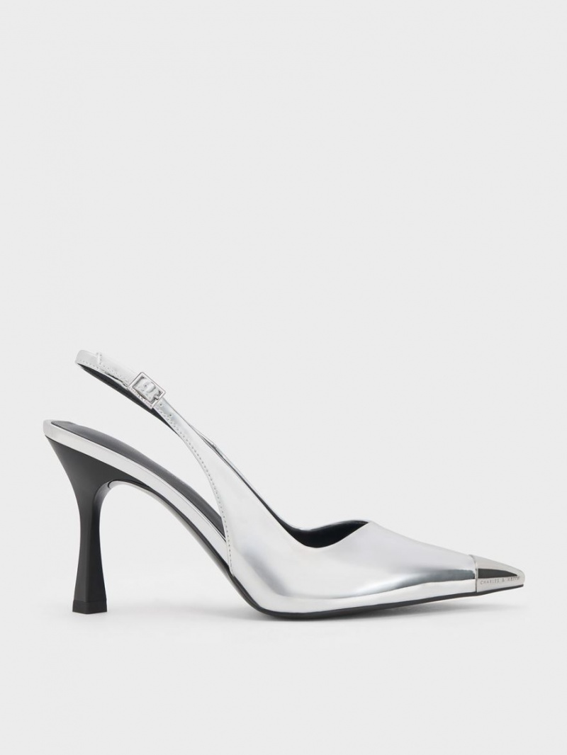 Charles And Keith Metallic Cap Pointed-Toe Slingback Pumps Silver | PHILIPPINES A273