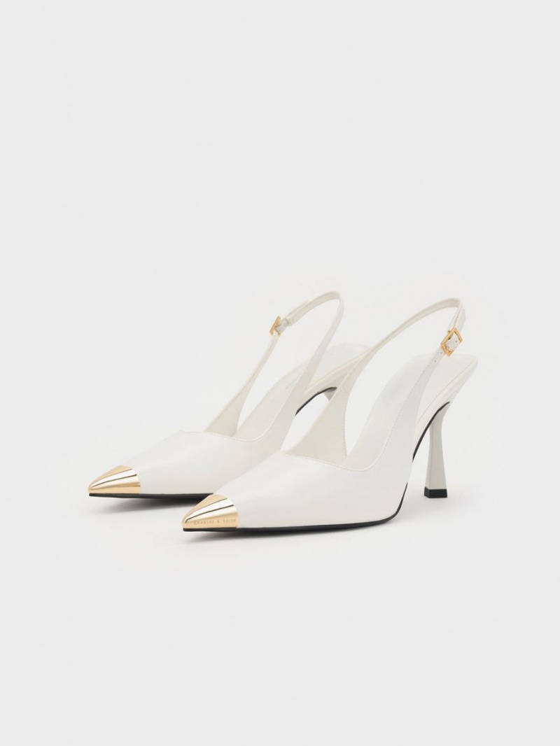 Charles And Keith Metallic Cap Pointed-Toe Slingback Pumps White | PHILIPPINES O539