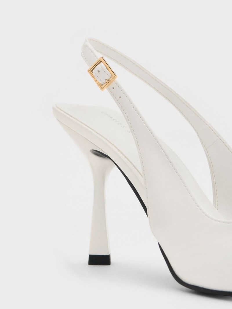 Charles And Keith Metallic Cap Pointed-Toe Slingback Pumps White | PHILIPPINES O539