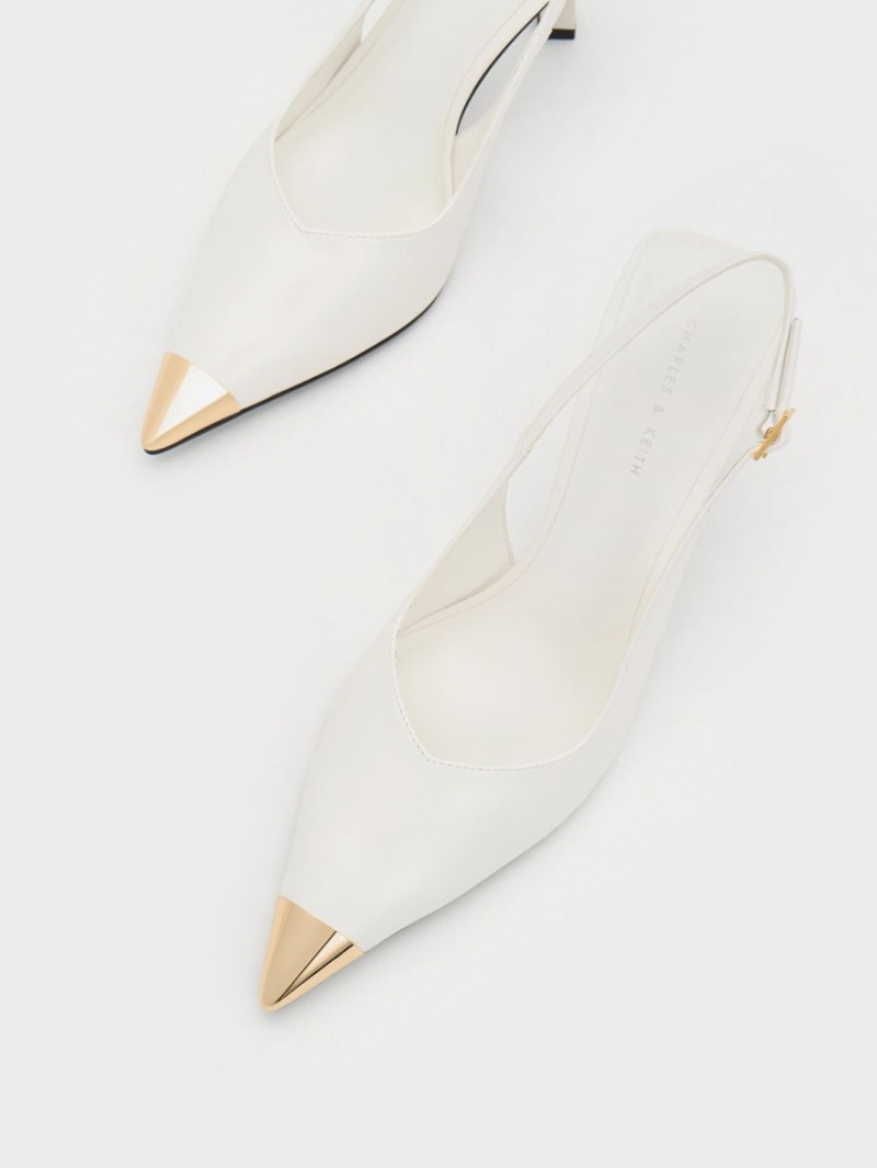 Charles And Keith Metallic Cap Pointed-Toe Slingback Pumps White | PHILIPPINES O539