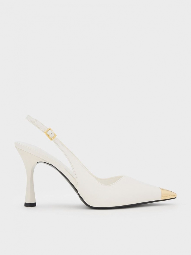 Charles And Keith Metallic Cap Pointed-Toe Slingback Pumps White | PHILIPPINES O539