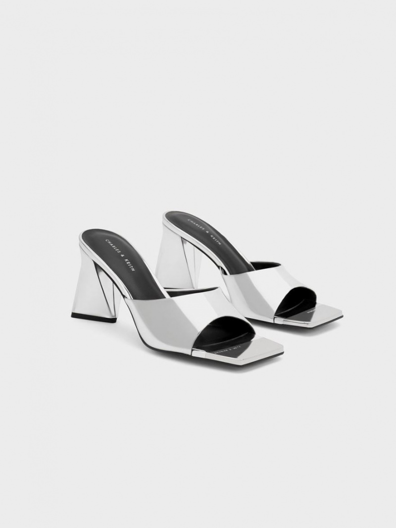 Charles And Keith Metallic Cap Sculptural Heel Mules Silver | PHILIPPINES E263