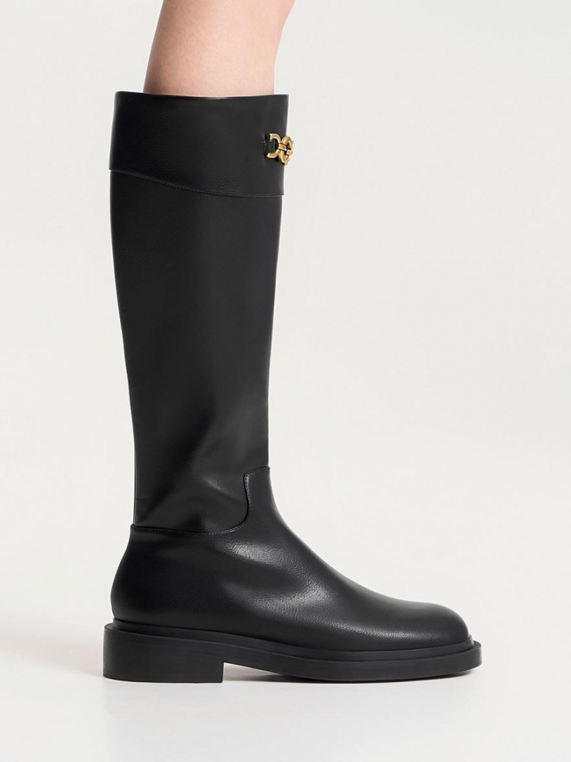 Charles And Keith Metallic Chain Accent Knee-high Boots Black | PHILIPPINES O806