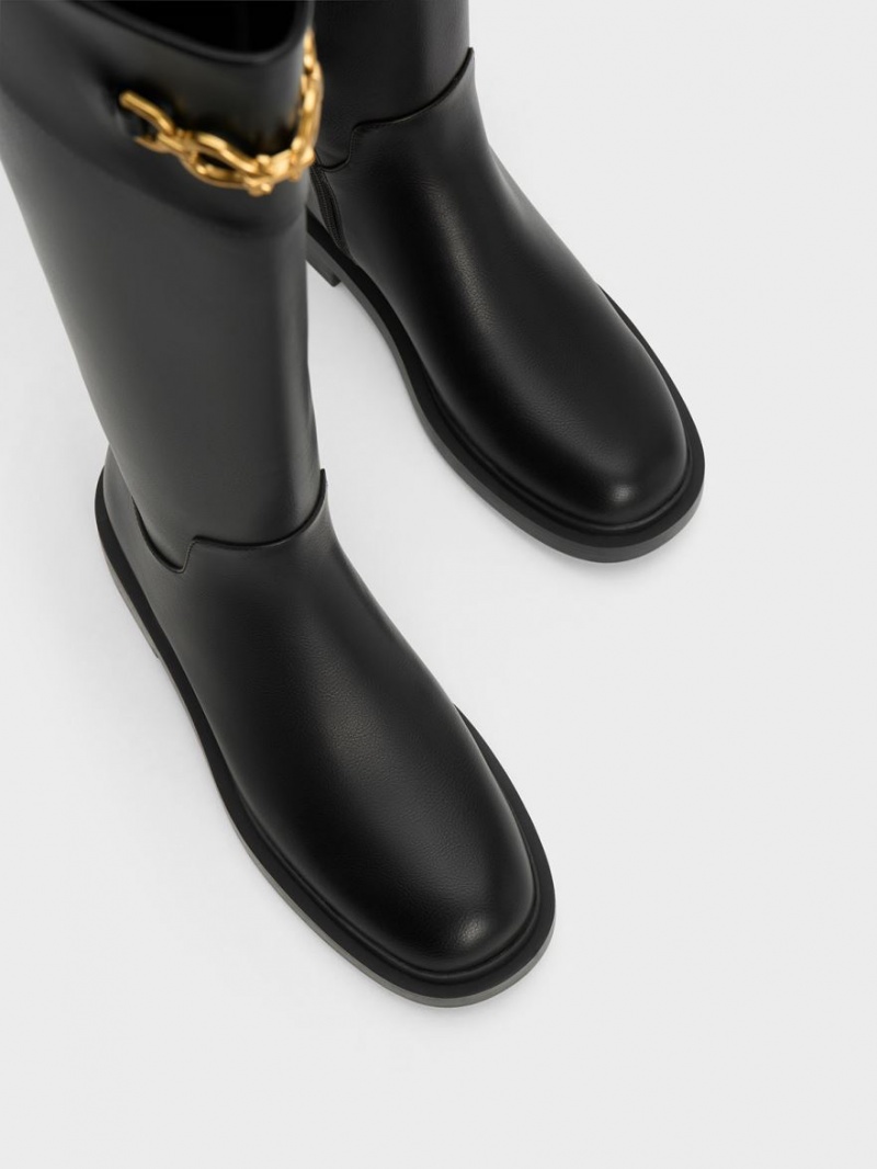 Charles And Keith Metallic Chain Accent Knee-high Boots Black | PHILIPPINES O806