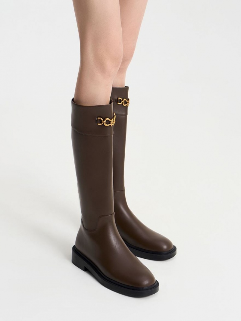 Charles And Keith Metallic Chain Accent Knee-high Boots Dark Brown | PHILIPPINES L840