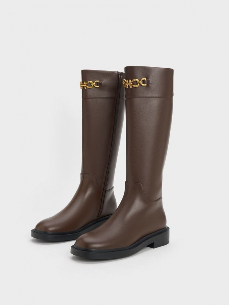 Charles And Keith Metallic Chain Accent Knee-high Boots Dark Brown | PHILIPPINES L840