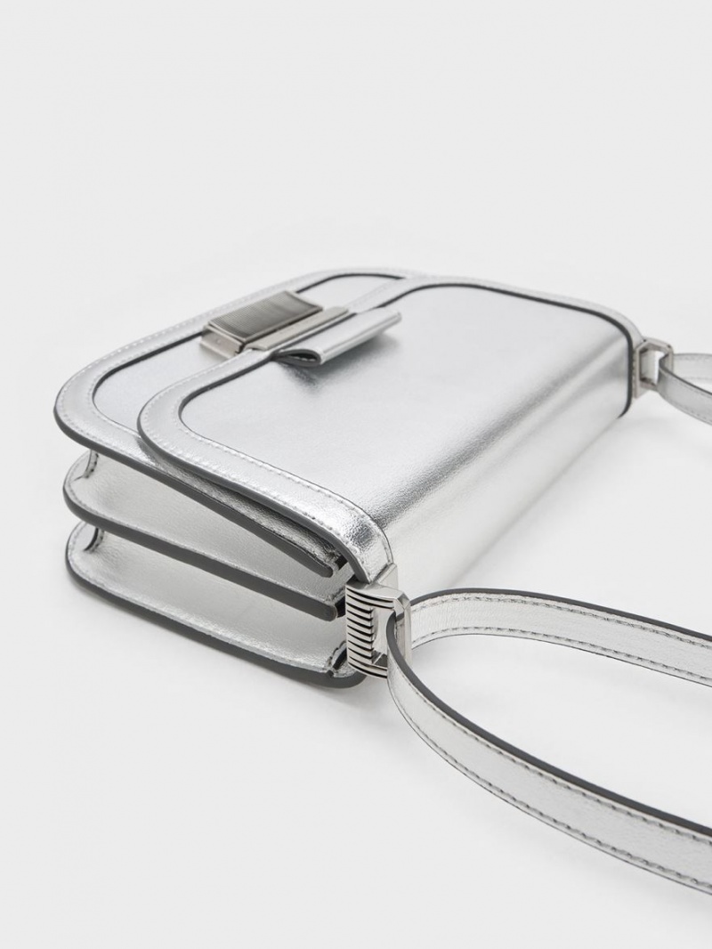 Charles And Keith Metallic Charlot Crossbody Bags Silver | PHILIPPINES M675