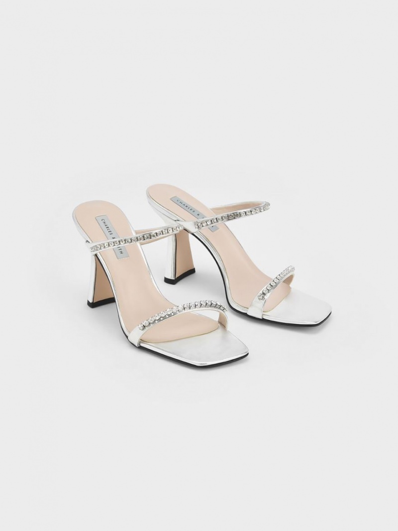 Charles And Keith Metallic Gem-Encrusted Heels Sandals Silver | PHILIPPINES P138