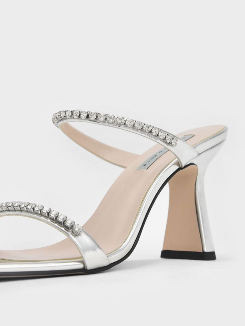 Charles And Keith Metallic Gem-Encrusted Heels Sandals Silver | PHILIPPINES P138