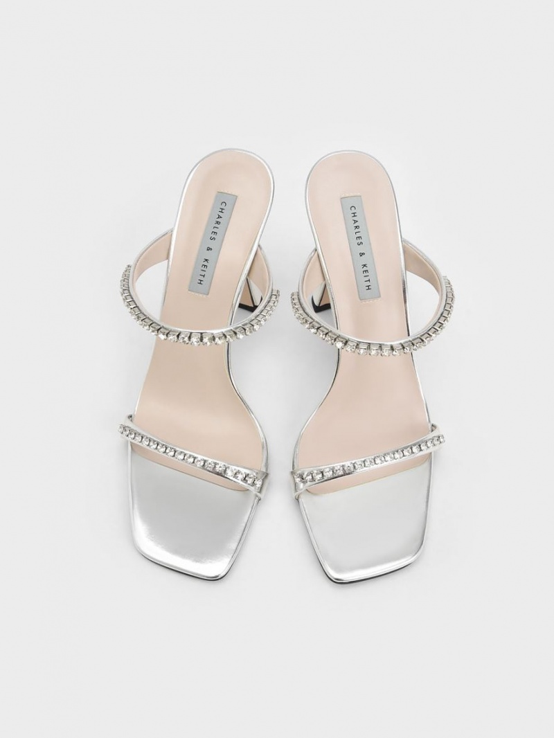 Charles And Keith Metallic Gem-Encrusted Heels Sandals Silver | PHILIPPINES P138