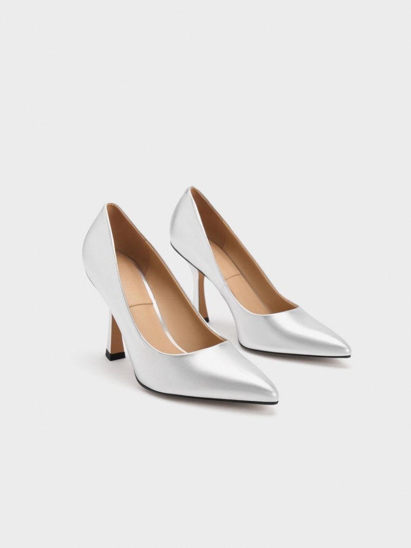 Charles And Keith Metallic Leather Flare Heel Pumps Silver | PHILIPPINES N248