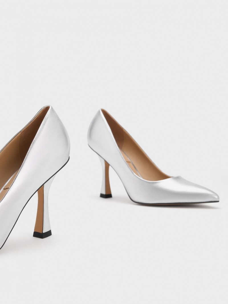 Charles And Keith Metallic Leather Flare Heel Pumps Silver | PHILIPPINES N248