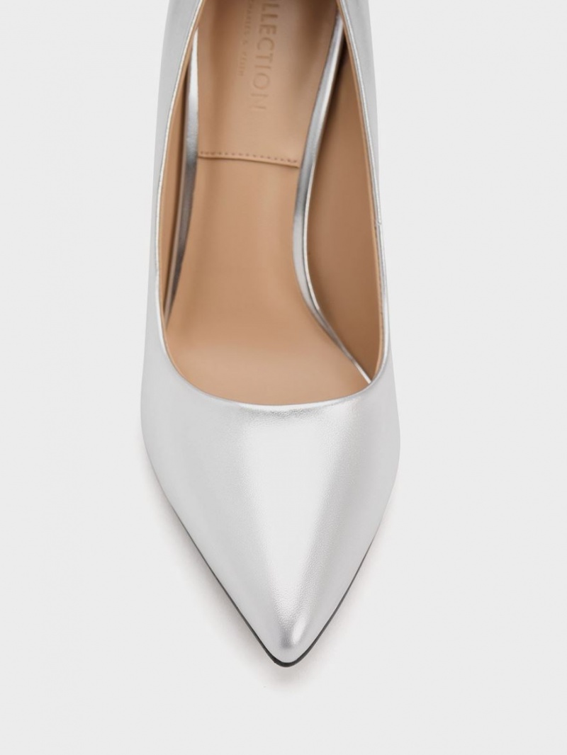 Charles And Keith Metallic Leather Flare Heel Pumps Silver | PHILIPPINES N248