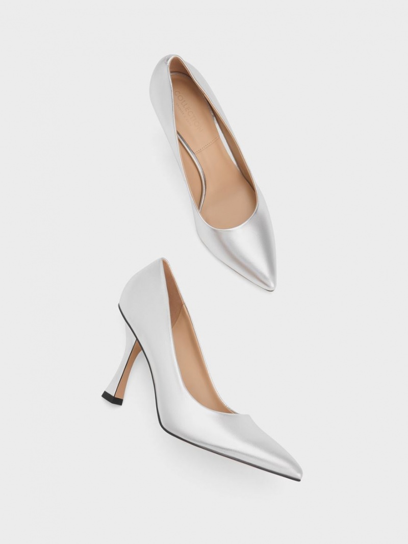 Charles And Keith Metallic Leather Flare Heel Pumps Silver | PHILIPPINES N248