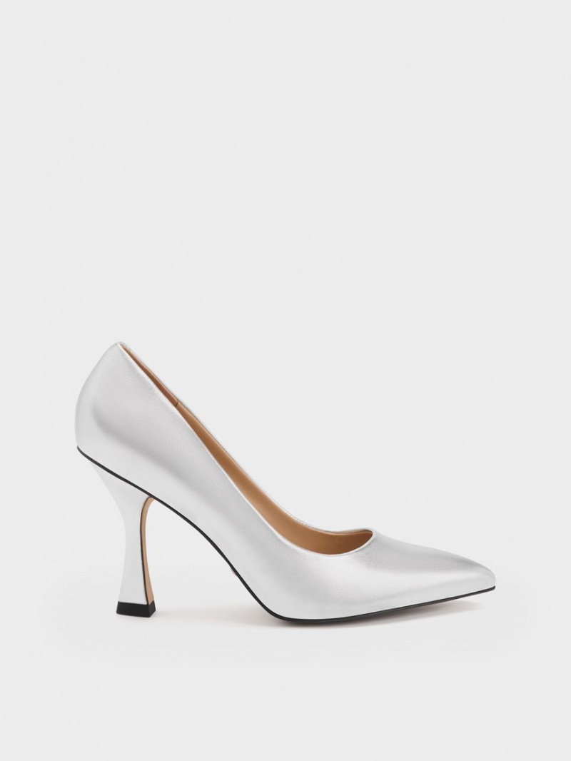 Charles And Keith Metallic Leather Flare Heel Pumps Silver | PHILIPPINES N248