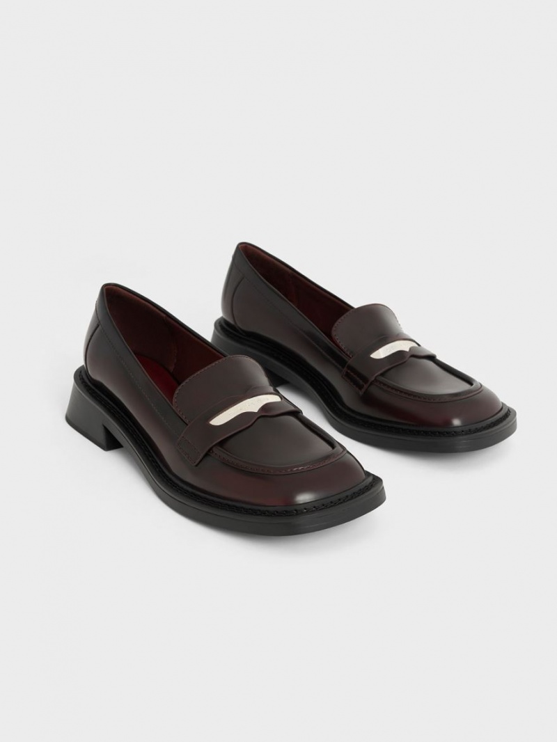 Charles And Keith Metallic Penny Tab Loafers Burgundy | PHILIPPINES N026