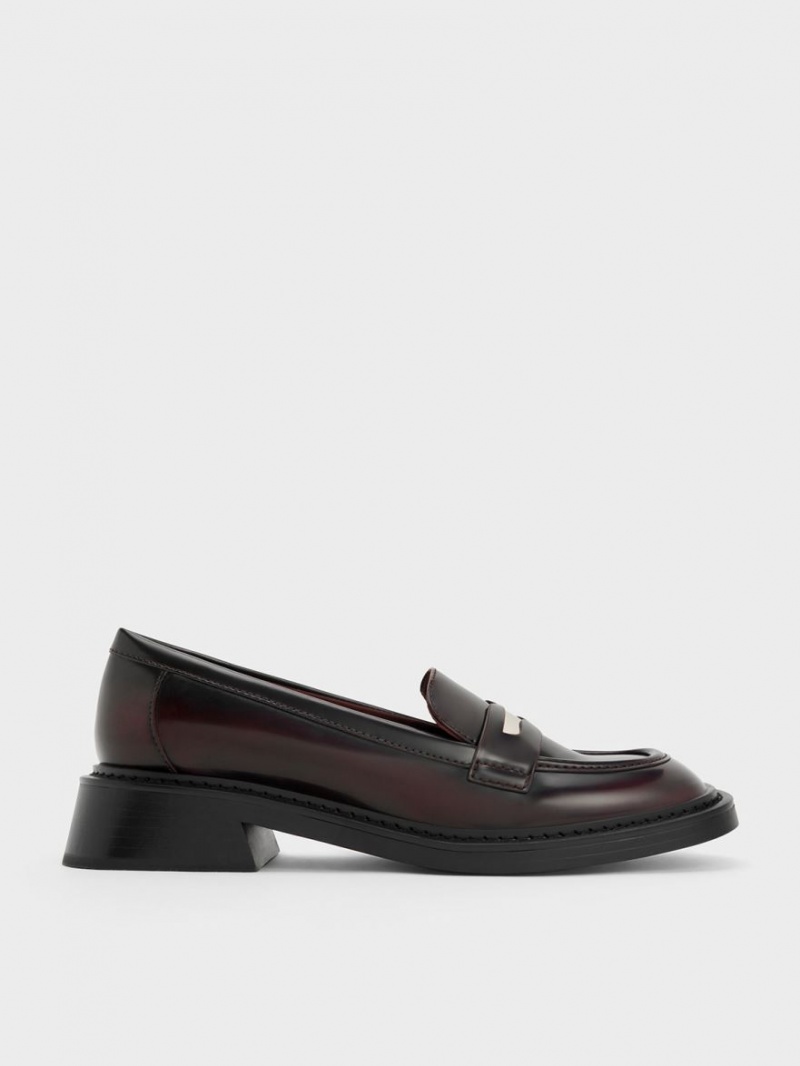 Charles And Keith Metallic Penny Tab Loafers Burgundy | PHILIPPINES N026