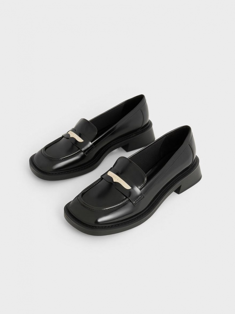 Charles And Keith Metallic Penny Tab Loafers Black | PHILIPPINES K715