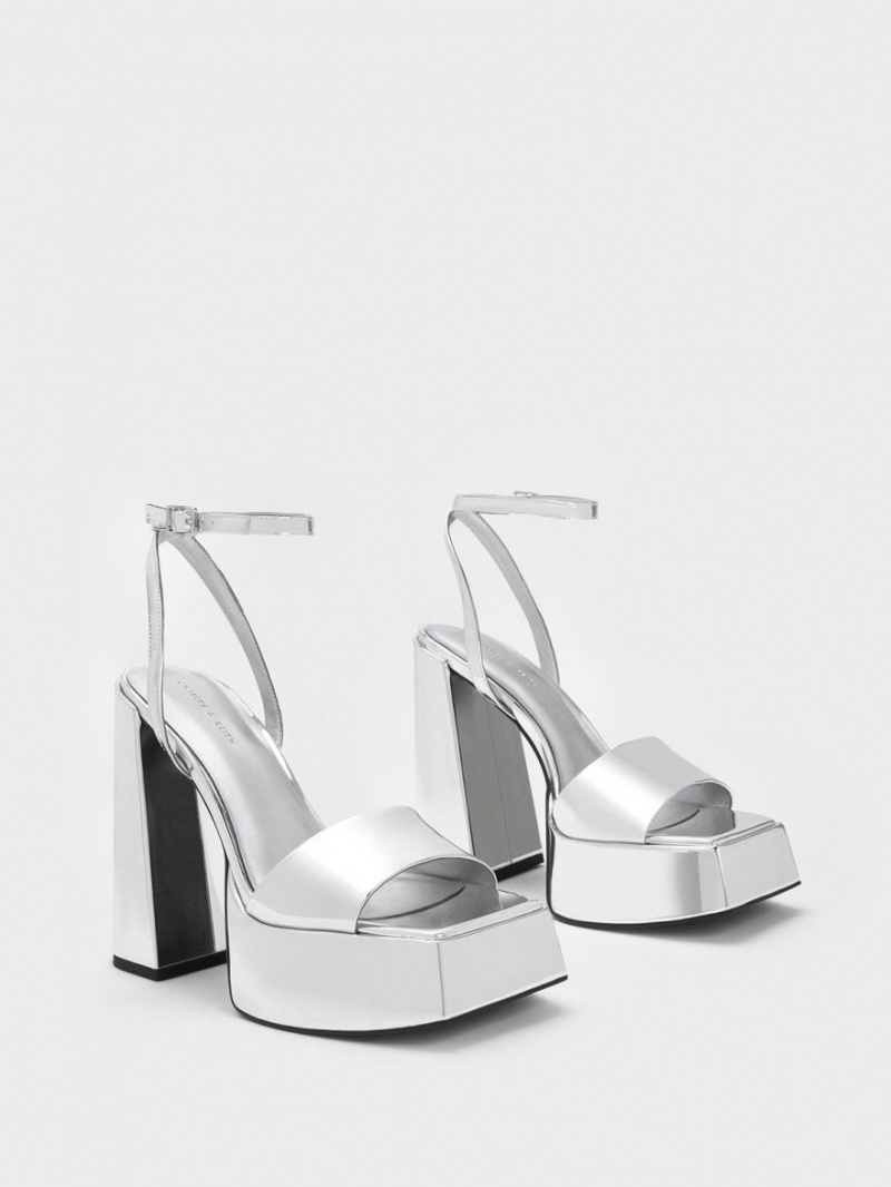 Charles And Keith Metallic Platform Ankle Strap Sandals Silver | PHILIPPINES C425