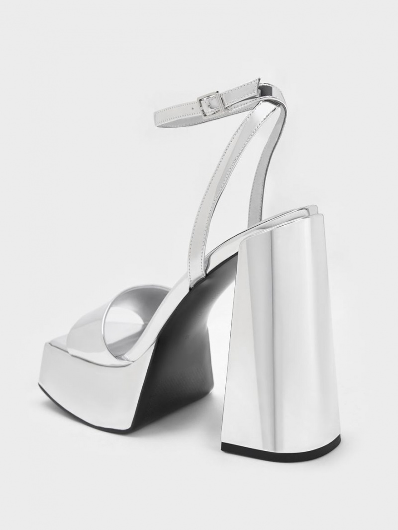 Charles And Keith Metallic Platform Ankle Strap Sandals Silver | PHILIPPINES C425