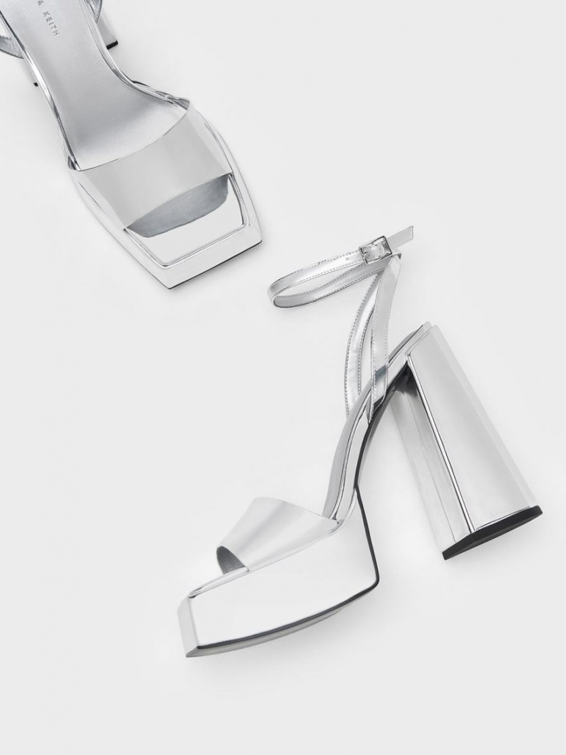 Charles And Keith Metallic Platform Ankle Strap Sandals Silver | PHILIPPINES C425