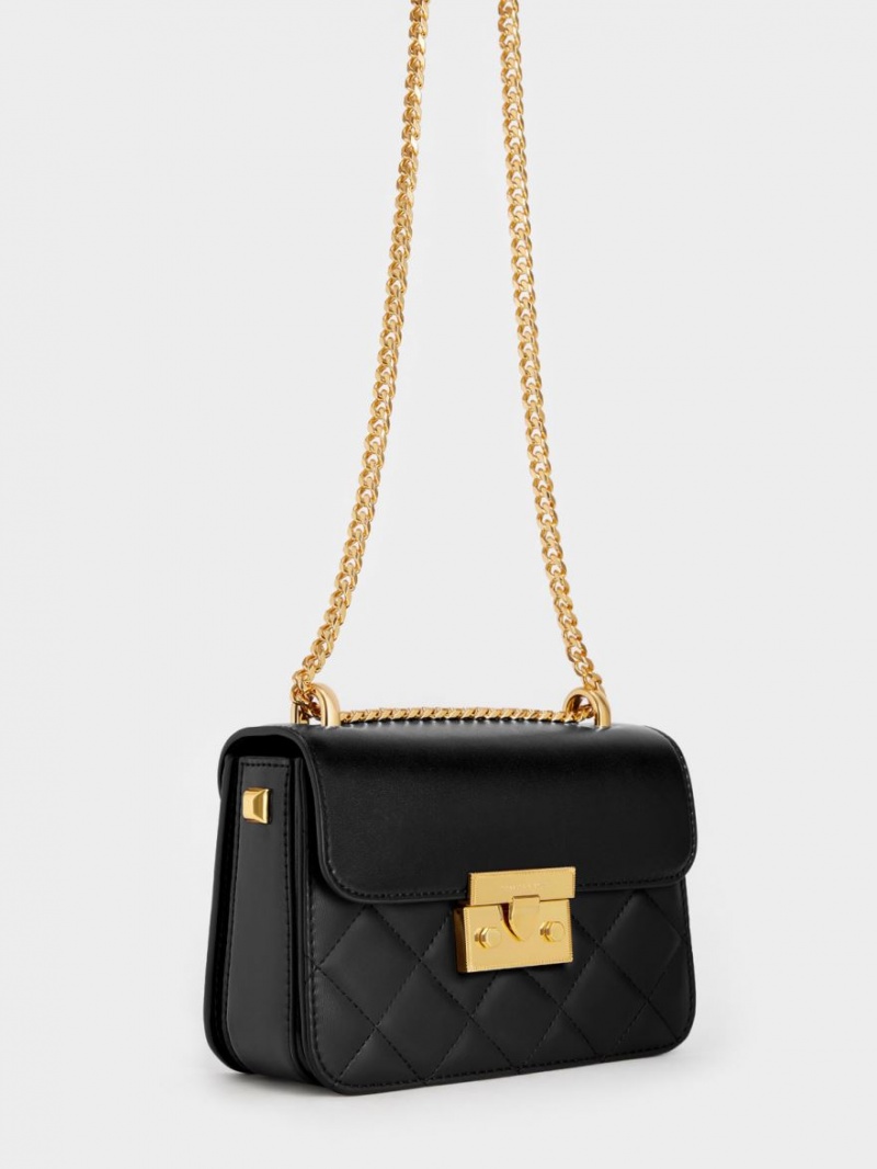 Charles And Keith Metallic Push-Lock Chain Crossbody Bags Black | PHILIPPINES V680