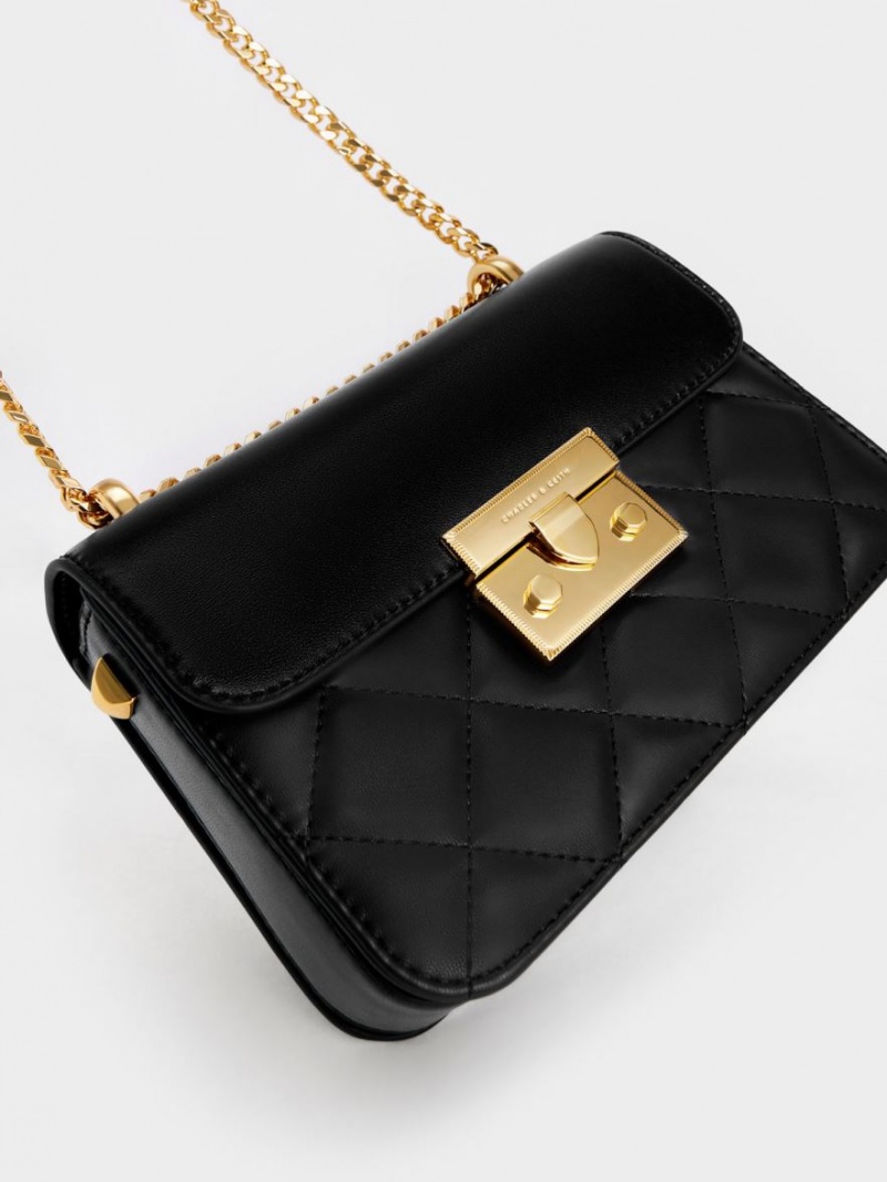 Charles And Keith Metallic Push-Lock Chain Crossbody Bags Black | PHILIPPINES V680