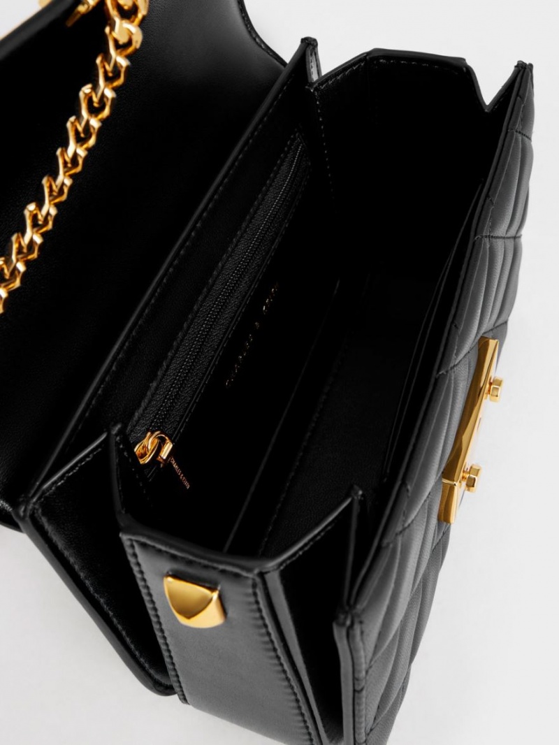 Charles And Keith Metallic Push-Lock Chain Crossbody Bags Black | PHILIPPINES V680